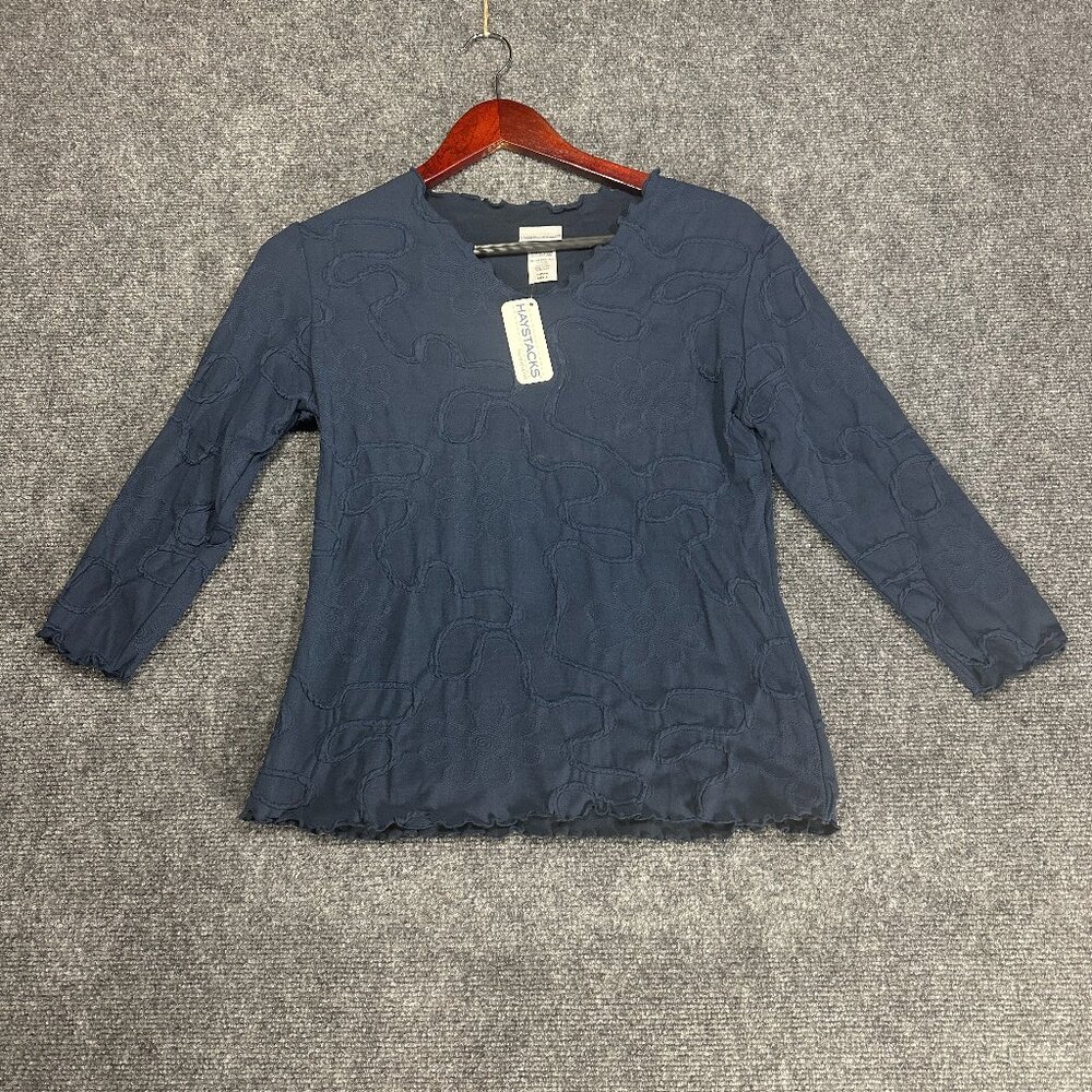 Haystacks Top Womens Small Navy Conduit 3/4 Sleeve Textured Top Brazilian NEW